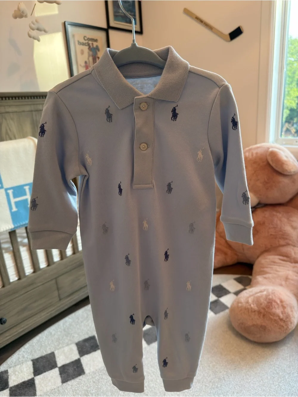 Ralph Lauren Light Blue Long-Sleeve Polo Romper with Embroidered Pony